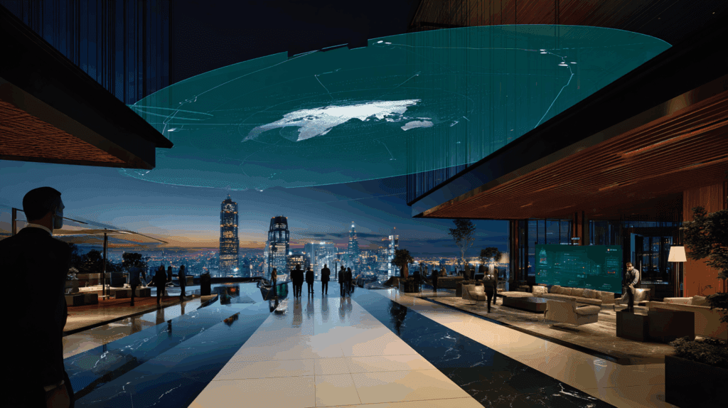 Futuristic boardroom atrium: a diverse leadership team studies a hovering holographic chart of AI-readiness scores, with neon indicators lighting up culture, data, and talent gaps against a dusk city backdrop.