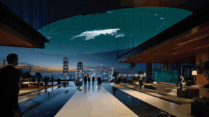 Futuristic boardroom atrium: a diverse leadership team studies a hovering holographic chart of AI-readiness scores, with neon indicators lighting up culture, data, and talent gaps against a dusk city backdrop.